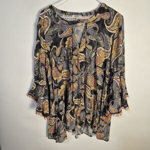 JODIFL Women Small Boho Paisley Blouse/Tunic With Multicolored Tassel On Sleeve